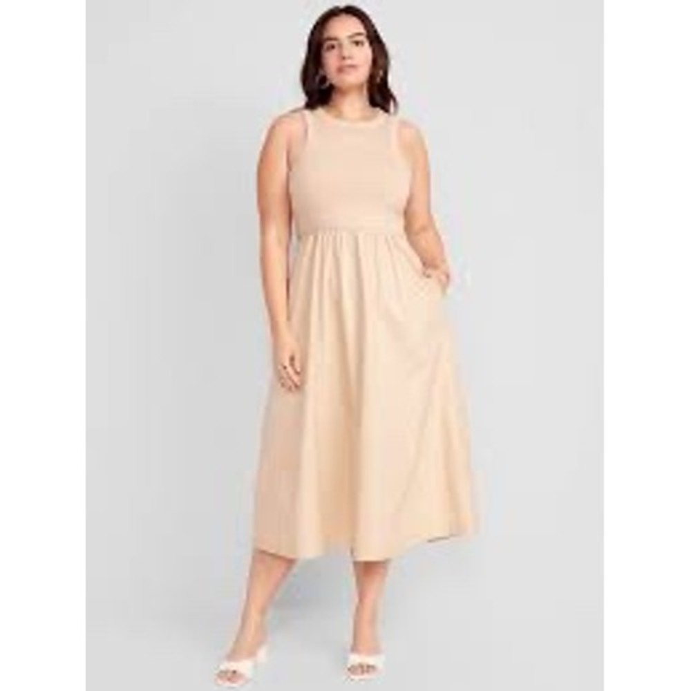 Old Navy Sleeveless Maxi Dress Womens XXL Beige NEW Ribbed Bodice Pockets